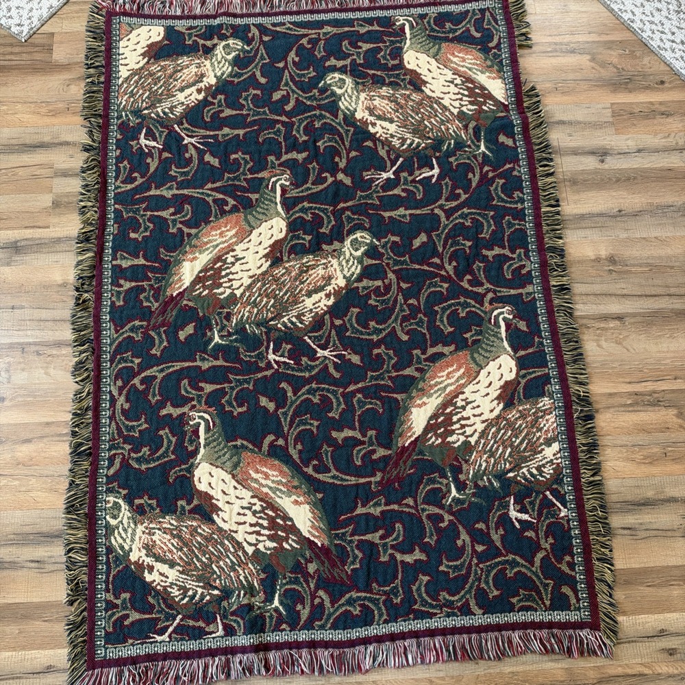 Vintage Tapestry Throw Blanket Pheasants Birds 67x46 Red Green Cotton Outdoors